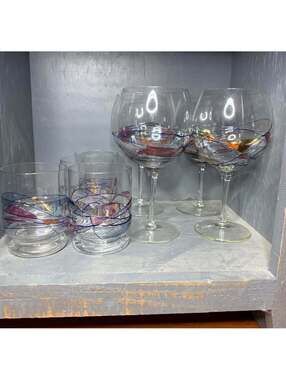 Artland Helios Hand Blown Glass Pitcher & Goblet Glassware Set Mosaic Swirl